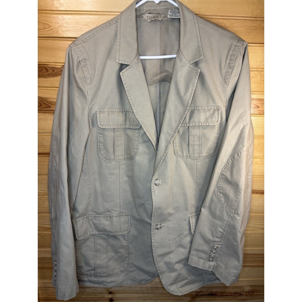 L.L.Bean Men's Khaki Field Jacket Blazer Mesh Lined Elbow Patches 42 Reg Safari - Picture 2 of 6